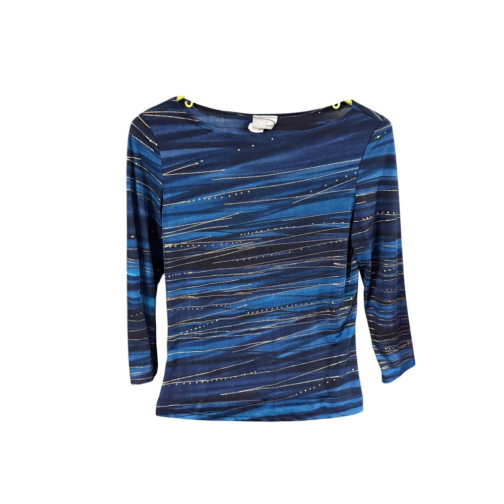 Rave Vintage 90s Blue Abstract Wave Gold Metallic Stripe 3/4 Sleeve Top Medium
